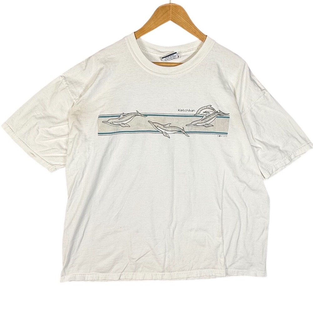 Vintage 1999 T Shirt Men's White Dolphin Print Ketchikan Graphic Tee‎